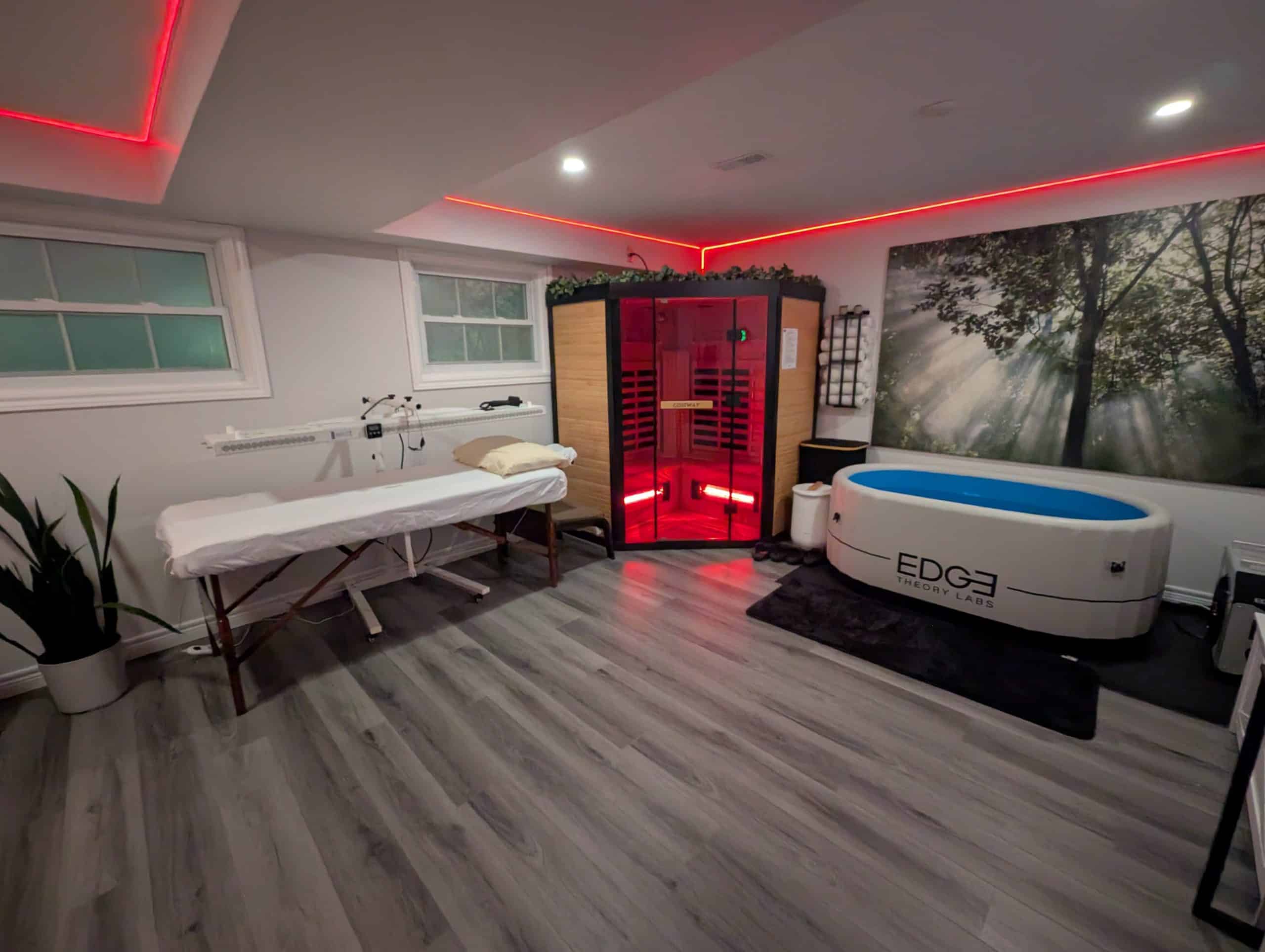 Recovery Den featuring cold plunge, infrared sauna, red light therapy and Neurovizr