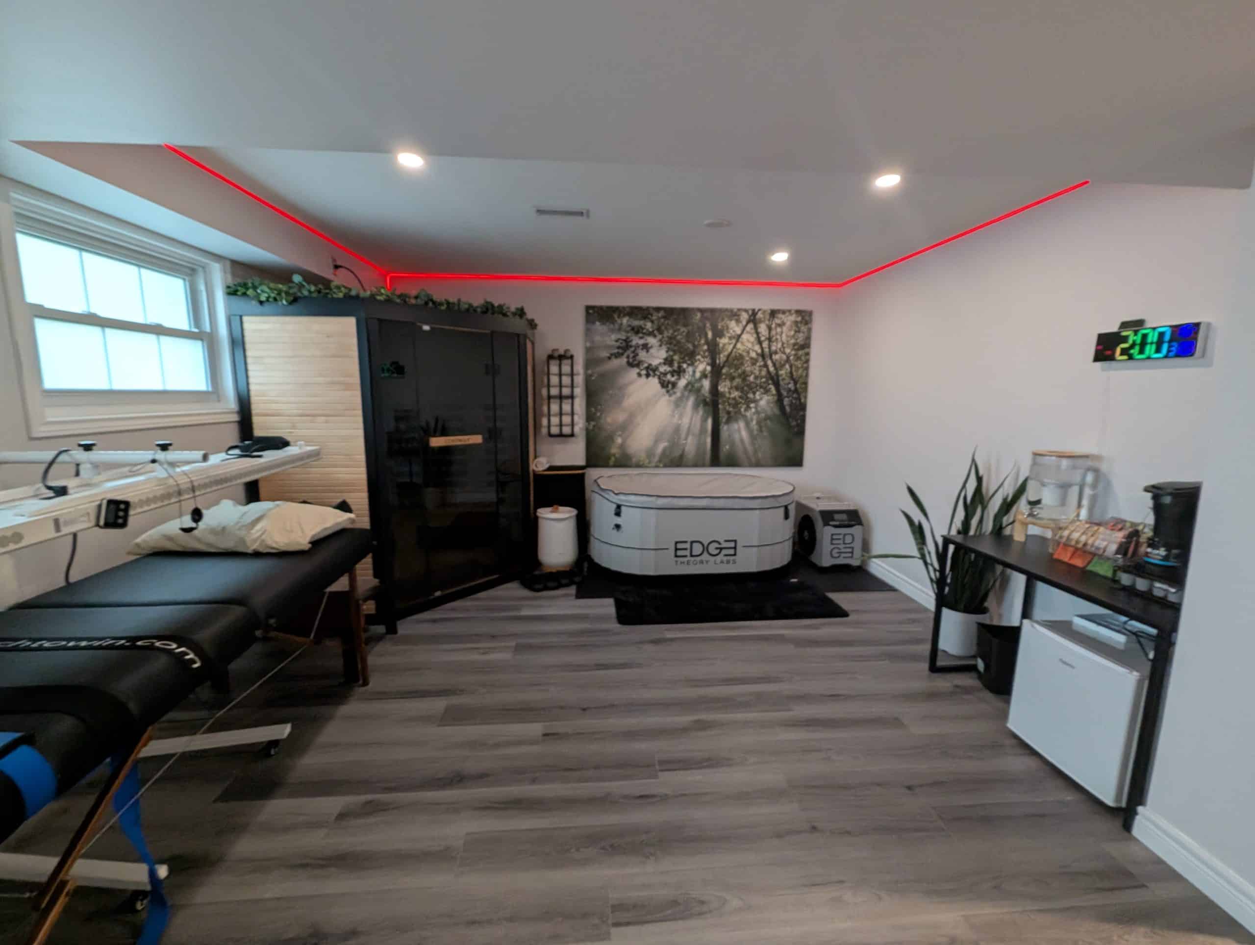 Recovery Den featuring cold plunge, infrared sauna, red light therapy and Neurovizr